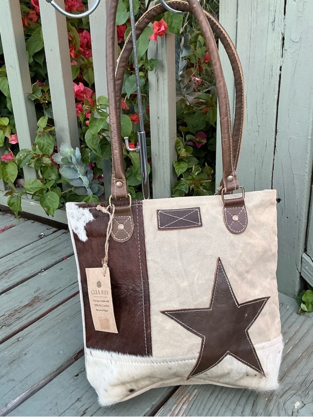 Clay Ray Beige & Brown Star Canvas Country Western Rustic Tote Bag NWT